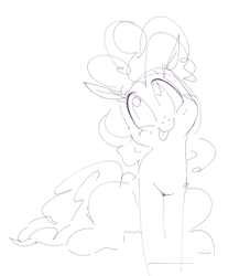 Size: 670x739 | Tagged: safe, artist:hattsy, earth pony, pony, female, mare, monochrome, simple background, sitting, sketch, smiling, tongue out