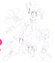 Size: 1890x2142 | Tagged: safe, artist:hattsy, pinkie pie, pony, bow, drawpile, fat, female, flower, mare, monochrome, open mouth, raised hoof, simple background, sketch, smiling, tongue out