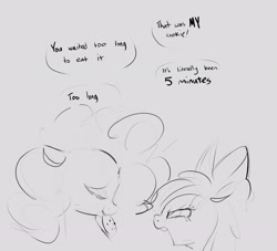 Size: 2052x1860 | Tagged: safe, artist:hattsy, apple bloom, pinkie pie, earth pony, angry, bow, cookie, eyes closed, female, filly, food, mare, monochrome, mouth hold, simple background, sketch, smiling, talking
