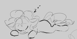 Size: 1300x669 | Tagged: safe, artist:hattsy, pinkie pie, earth pony, pony, eyes closed, female, lying down, mare, monochrome, simple background, sketch, sleeping, smiling