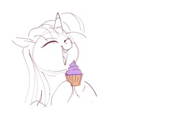 Size: 1086x750 | Tagged: safe, artist:hattsy, twilight sparkle, pony, unicorn, cupcake, eyes closed, female, food, mare, open mouth, simple background, sketch, smiling