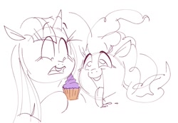 Size: 1086x750 | Tagged: safe, artist:hattsy, pinkie pie, twilight sparkle, earth pony, pony, unicorn, cupcake, female, food, mare, open mouth, simple background, sketch, suprised look, tongue out