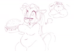 Size: 1595x1107 | Tagged: safe, artist:hattsy, oc, oc only, pony, burger, fat, food, glasses, monochrome, simple background, sketch, smiling, thought bubble