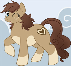 Size: 400x373 | Tagged: safe, artist:pudgeysabertooth, imported from twibooru, oc, oc only, earth pony, pony, female, freckles, image, mare, needs more jpeg, raised hoof, solo, winking at you