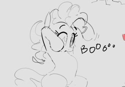 Size: 1023x712 | Tagged: safe, artist:hattsy, pinkie pie, earth pony, pony, boo, female, mare, monochrome, open mouth, raised hoof, simple background, sitting, sketch