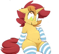 Size: 1078x987 | Tagged: safe, artist:hattsy, oc, pony, unicorn, clothes, female, fupa, mare, simple background, sitting, smiling, socks, white background