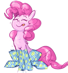 Size: 521x556 | Tagged: safe, artist:hattsy, pinkie pie, earth pony, pony, clothes, eyes closed, female, mare, simple background, sitting, smiling, socks, tongue out, white background