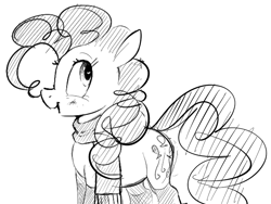 Size: 761x573 | Tagged: safe, artist:hattsy, pinkie pie, pony, clothes, female, looking back, mare, monochrome, open mouth, scarf, simple background, sketch, smiling, socks