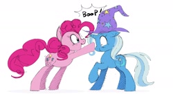 Size: 1964x1068 | Tagged: safe, artist:hattsy, pinkie pie, trixie, earth pony, pony, unicorn, boop, female, hat, mare, open mouth, raised hoof, simple background, smiling, suprised look, white background