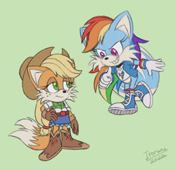 Size: 908x880 | Tagged: safe, artist:itoruna-the-platypus, imported from derpibooru, applejack, rainbow dash, anthro, fox, equestria girls, clothes, crossover, duo, female, multiple tails, sonic the hedgehog (series), sonicified, species swap, tail, two tails