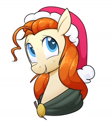 Size: 1273x1414 | Tagged: safe, artist:hattsy, oc, oc only, oc:nordpone, pony, christmas, clothes, female, hat, heart eyes, holiday, looking up, mare, santa hat, scarf, simple background, smiling, white background, wingding eyes