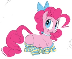 Size: 1290x1059 | Tagged: safe, artist:hattsy, pinkie pie, earth pony, pony, bow, clothes, female, heart eyes, jewelry, looking back, lying down, mare, necklace, open mouth, simple background, smiling, socks, white background, wingding eyes