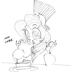 Size: 1554x1635 | Tagged: safe, artist:hattsy, oc, oc only, oc:hattsy, earth pony, pony, birthday, cake, food, fork, hat, kerchief, knife, monochrome, open mouth, plate, simple background, sketch, smiling, tongue out, top hat