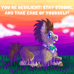 Size: 2000x2000 | Tagged: safe, artist:punkpride, imported from twibooru, doctor whooves, time turner, earth pony, pony, bowtie, coat markings, colored hooves, epilepsy, flower, grass, hoof fluff, image, looking at you, lying down, male, open mouth, png, scenery, sharp teeth, solo, stallion, sunset, talking to viewer, teeth, text, unshorn fetlocks