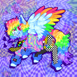 Size: 2000x2000 | Tagged: safe, artist:punkpride, imported from twibooru, rainbow dash, pegasus, pony, accessories, alternate design, bracelet, clothes, coat markings, colored wings, feathered fetlocks, female, image, jewelry, mare, multicolored wings, necktie, nose piercing, nose ring, pants, piercing, png, rainbow wings, scene, sharp teeth, shirt, solo, spiked wristband, t-shirt, teeth, wings, wristband