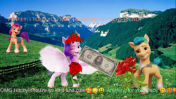 Size: 1365x768 | Tagged: safe, imported from derpibooru, hitch trailblazer, pipp petals, sunny starscout, earth pony, pegasus, pony, 1000 dollar bill, 1000 years in photoshop, flower, g5, my little pony: a new generation, rose, shitposting, why