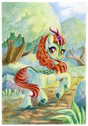 Size: 843x1200 | Tagged: safe, artist:maytee, imported from derpibooru, autumn blaze, kirin, colored pencil drawing, rock, smiling, solo, traditional art, tree