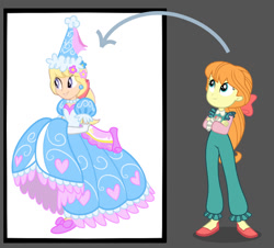 Size: 1387x1255 | Tagged: safe, artist:boogeyboy1, imported from derpibooru, megan williams, human, equestria girls, bow, clothes, crossed arms, dress, ear piercing, evolution, flower, flower in hair, froufrou glittery lacy outfit, gloves, growing up, hair bow, hat, hennin, jewelry, long gloves, looking at someone, necklace, older, piercing, princess