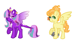Size: 1280x730 | Tagged: safe, artist:eclipse-n-adopts, imported from derpibooru, oc, alicorn, butterfly, pegasus, pony, rabbit, alicorn oc, animal, base used, butterfly on nose, crown, duo, female, freckles, horn, insect on nose, jewelry, looking at you, magical lesbian spawn, male, mare, offspring, parent:big macintosh, parent:fluttershy, parent:princess celestia, parent:twilight sparkle, parents:fluttermac, parents:twilestia, pegasus oc, raised hoof, regalia, simple background, smiling, smiling at you, stallion, white background, wings