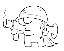 Size: 639x512 | Tagged: safe, artist:jargon scott, imported from derpibooru, twilight sparkle, pony, unicorn, bipedal, covered eyes, female, filly, filly twilight sparkle, helmet, lineart, rocket launcher, simple background, smiling, soldier, solo, squatpony, team fortress 2, twiggie, unicorn twilight, white background, younger