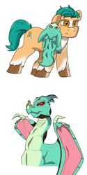 Size: 2000x4000 | Tagged: safe, artist:str8aura-draws-horses-and-stuff, imported from derpibooru, hitch trailblazer, dragon, earth pony, pony, spoiler:g5, adopted, annoyed, baby, baby dragon, father and child, father and son, g5, giant dragon, male, older, papa hitch, simple background, sparky sparkeroni, stallion, white background
