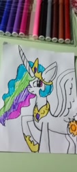 Size: 720x1600 | Tagged: safe, artist:vista2008, imported from derpibooru, princess celestia, alicorn, pony, clothes, crown, female, horn, irl, jewelry, mare, marker, marker drawing, photo, raised hoof, regalia, shoes, smiling, spread wings, sun, traditional art, wings