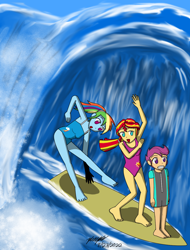 Size: 1000x1318 | Tagged: safe, artist:pheeph, imported from derpibooru, rainbow dash, scootaloo, sunset shimmer, human, equestria girls, barefoot, clothes, cover, feet, old master q, parody, scared, surfboard, surfing, swimsuit, wave