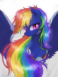 Size: 768x1024 | Tagged: safe, artist:liaaqila, imported from derpibooru, rainbow dash, pegasus, pony, bust, digital art, ethereal mane, female, flowing mane, mare, nightmare rainbow dash, nightmarified, pink eyes, signature, simple background, slit pupils, solo, sparkles, spread wings, starry mane, white background, wings