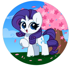Size: 3609x3326 | Tagged: safe, artist:kittyrosie, imported from derpibooru, part of a set, rarity, pony, unicorn, cherry blossoms, cloud, cute, female, flower, flower blossom, looking at you, mare, open mouth, raribetes, redraw, simple background, sky, solo, transparent background, tree