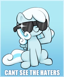 Size: 1608x1931 | Tagged: safe, artist:heretichesh, imported from derpibooru, oc, oc only, oc:snowdrop, pegasus, pony, blind, can't see the haters, female, filly, foal, gradient background, smiling, solo, sunglasses, text, we are going to hell