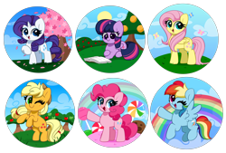 Size: 6048x4087 | Tagged: safe, artist:kittyrosie, imported from derpibooru, part of a set, applejack, fluttershy, pinkie pie, rainbow dash, rarity, twilight sparkle, alicorn, butterfly, earth pony, pegasus, pony, unicorn, backwards cutie mark, blushing, book, candy, cherry blossoms, chibi, cloud, cookie, cute, dashabetes, diapinkes, female, flower, flower blossom, food, jackabetes, lollipop, looking at you, lying down, mane six, mare, one eye closed, open mouth, open smile, prone, rainbow, raised hoof, raribetes, reading, redraw, shyabetes, simple background, sky, smiling, starry eyes, sun, tail, that pony sure does love books, transparent background, tree, twiabetes, twilight sparkle (alicorn), waving, white background, wingding eyes, wings, wink