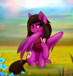 Size: 1633x1691 | Tagged: safe, artist:dushnila, imported from derpibooru, pegasus, pony, bedroom eyes, clothes, commission, ear fluff, field, grass, looking at you, male, nose piercing, outdoors, partially open wings, pierce the veil, piercing, ponified, raised hoof, shirt, sitting, sleeping with sirens, solo, stallion, t-shirt, vic fuentes, wings, ych result