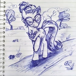 Size: 2045x2048 | Tagged: safe, artist:mellodillo, imported from derpibooru, sunset shimmer, pony, unicorn, alicorn amulet, alternate hairstyle, alternate universe, female, glasses, lined paper, mare, monochrome, pen drawing, solo, traditional art
