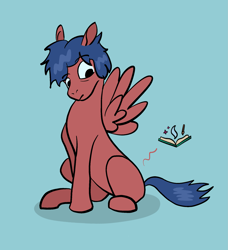 Size: 1651x1808 | Tagged: safe, artist:rawtszy, imported from derpibooru, oc, oc only, pegasus, pony, blue background, book, simple background, solo, spread wings, wings