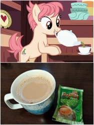 Size: 1500x1999 | Tagged: safe, edit, edited screencap, imported from derpibooru, screencap, raspberry vinaigrette, earth pony, pony, discordant harmony, bipedal, bipedal leaning, cup, female, food, irl, leaning, mare, milk tea, mouth hold, myanmar, photo, solo, tea, teacup, teapot