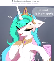 Size: 2491x2790 | Tagged: safe, artist:magnaluna, imported from derpibooru, princess celestia, oc, oc:fluffle puff, alicorn, pony, ask, blatant lies, chest fluff, dialogue, ear fluff, eyebrows, eyebrows visible through hair, eyes closed, fluffy, lies, shampoo, simple background, smiling, solo