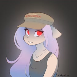 Size: 2048x2048 | Tagged: safe, artist:katputze, imported from derpibooru, oc, oc only, oc:crimson sunset, anthro, unicorn, bust, cap, female, grin, hat, jewelry, looking at you, mare, necklace, red eyes, signature, smiling, smiling at you, solo