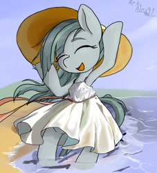 Size: 726x800 | Tagged: safe, artist:a.s.e, imported from derpibooru, marble pie, earth pony, semi-anthro, beach, clothes, cute, dress, eyes closed, female, happy, hat, marblebetes, mare, ocean, open mouth, open smile, smiling, solo, sun hat, water