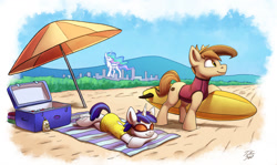 Size: 1800x1074 | Tagged: safe, artist:tsitra360, imported from derpibooru, princess celestia, oc, alicorn, earth pony, pony, unicorn, beach, beach towel, beach umbrella, city, cityscape, clothes, female, giantlestia, lying down, macro, male, mare, prone, stallion, sunglasses, surfboard, trio