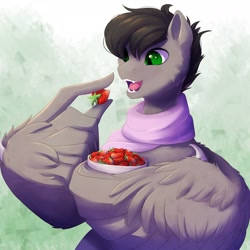 Size: 1900x1900 | Tagged: artist needed, safe, imported from derpibooru, oc, oc:dante fly, hybrid, undead, vampire, clothes, fangs, food, green background, green eyes, half bat pony, pegabat, scarf, slit pupils, strawberry, wing hands, wings