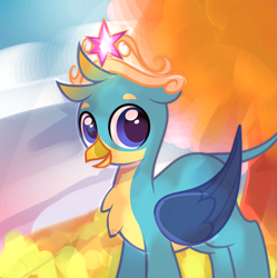 Size: 890x893 | Tagged: artist needed, source needed, safe, imported from derpibooru, gallus, griffon, autumn, big crown thingy, crown, cute, element of magic, gallabetes, jewelry, looking at you, open mouth, regalia, smiling, solo