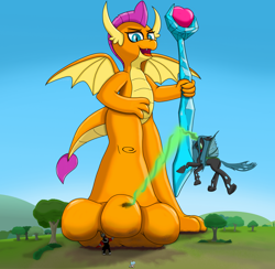 Size: 1280x1250 | Tagged: safe, artist:neondragon, imported from derpibooru, cozy glow, lord tirek, queen chrysalis, smolder, centaur, changeling, dragon, taur, dragoness, feet, female, macro, scepter