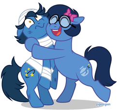 Size: 1200x1091 | Tagged: safe, artist:pigeorgien, imported from derpibooru, earth pony, pony, bandage, bow, brother and sister, cute, duo, female, glasses, hair bow, hug, little miss whoops, male, mare, mr. bump, mr. men, ponified, show accurate, siblings, simple background, stallion, the mr. men show, white background