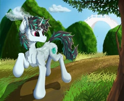 Size: 2168x1766 | Tagged: safe, artist:pixel mint, imported from derpibooru, oc, oc only, oc:pixel mint, pony, unicorn, chest fluff, grass, horn, male, solo, stallion, unicorn oc, walking