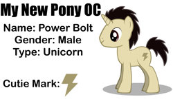 Size: 1671x965 | Tagged: safe, artist:awesomebrony, imported from derpibooru, oc, oc only, oc:power bolt, pony, unicorn, hooves, horn, male, photo, simple background, smiling, solo, stallion, standing, text, unicorn oc, white background