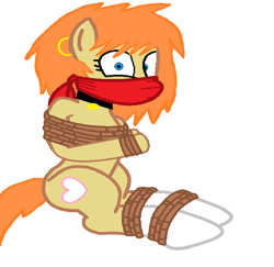 Size: 761x740 | Tagged: safe, alternate version, artist:bluesplendont, imported from derpibooru, oc, oc only, oc:katie, earth pony, pony, bondage, cloth gag, ear piercing, gag, over the nose gag, piercing, rope, rope bondage, ropes, scared, shocked, shocked expression, simple background, solo, tied up, white background