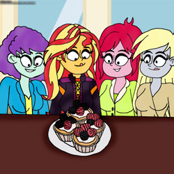 Size: 2320x2324 | Tagged: safe, artist:rdj1995, imported from derpibooru, blueberry pie, derpy hooves, raspberry fluff, sunset shimmer, human, equestria girls, food, muffin, summer fruit muffins, the muffins