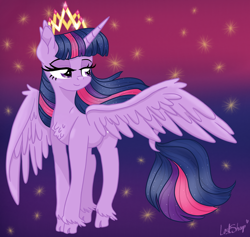 Size: 5000x4730 | Tagged: safe, artist:lostsheep, imported from derpibooru, twilight sparkle, alicorn, pony, absurd resolution, chest fluff, cloven hooves, crown, ear tufts, eyebrows, female, gradient background, jewelry, leonine tail, lidded eyes, mare, regalia, signature, smiling, solo, spread wings, stars, tail, twilight sparkle (alicorn), wings