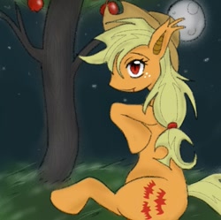 Size: 1127x1123 | Tagged: safe, artist:ponysprinkles, imported from derpibooru, applejack, bat pony, pony, alternate cutie mark, apple, apple tree, applebat, applejack's hat, bat ponified, cowboy hat, female, food, freckles, hat, mare, moon, night, outdoors, profile, race swap, solo, tree