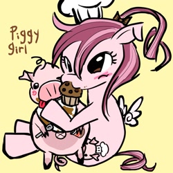 Size: 1085x1085 | Tagged: safe, artist:ponysprinkles, imported from derpibooru, oc, oc only, pegasus, pony, chef's hat, eating, female, food, hat, muffin, pigtails, simple background, sitting, tongue out, wings, yellow background